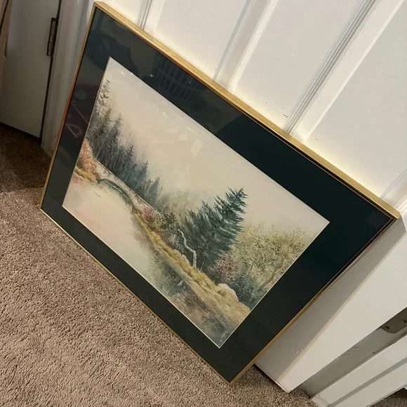 WOODED NATURE FOREST BRIDGE ART PAINTING PRINT GOLD FRAMED 24 x 20.5 - Picture 2 of 8